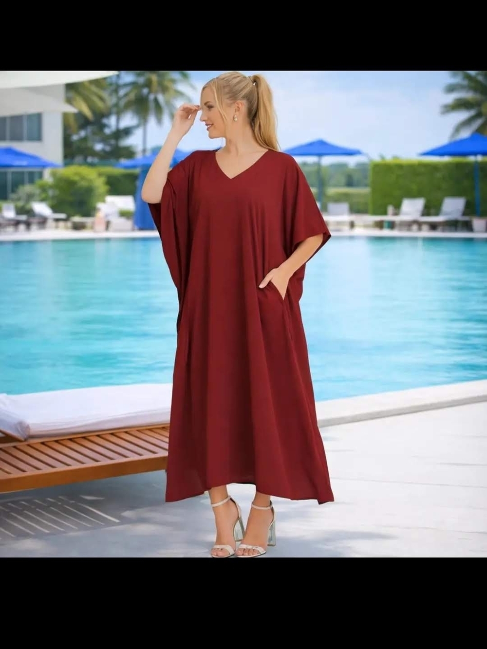 V-Neck Burgundy Kaftab Dress with Pockets. - Picture 6 of 11